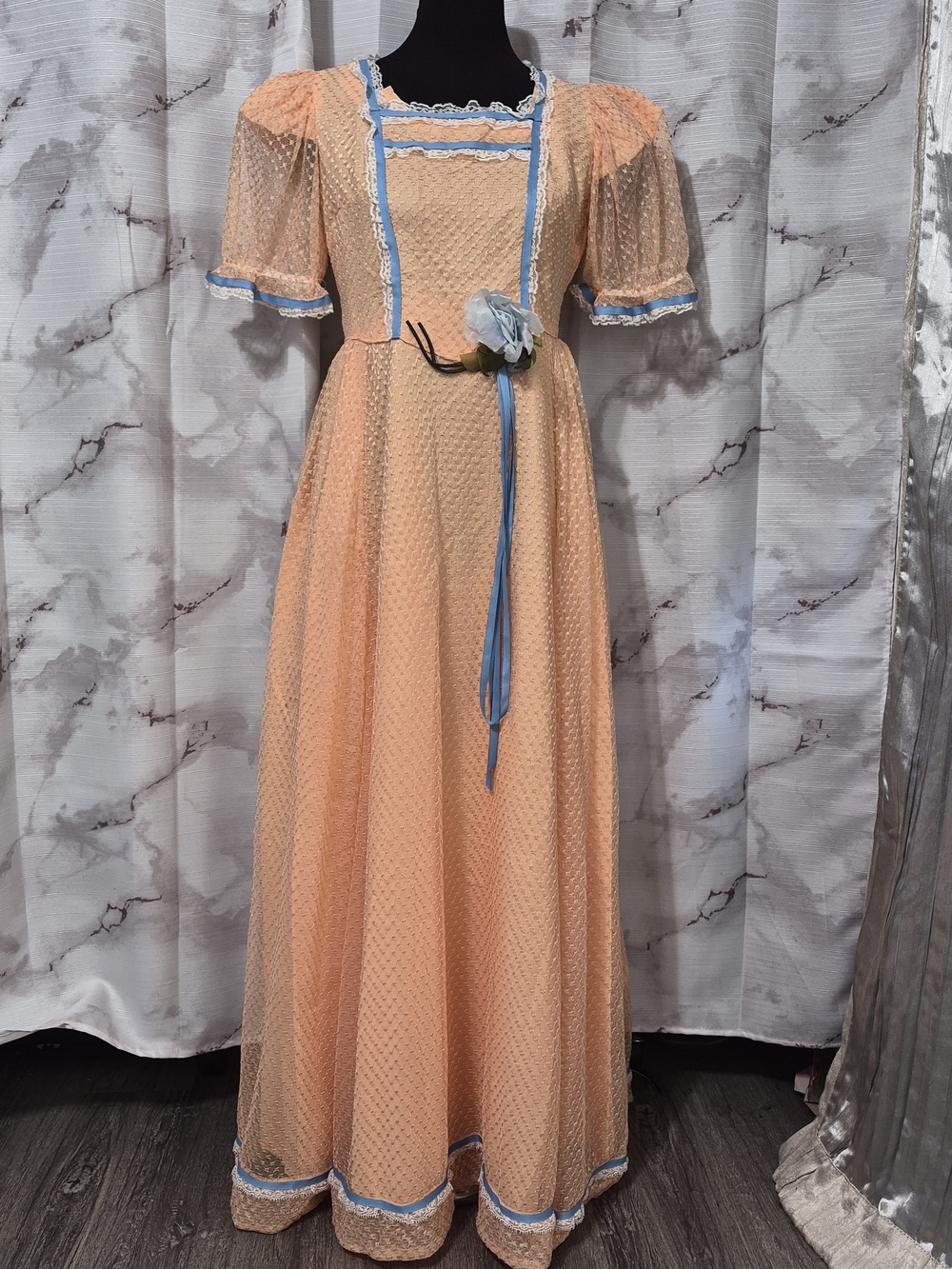 Vintage Peach Maxi Dress with Blue Trim